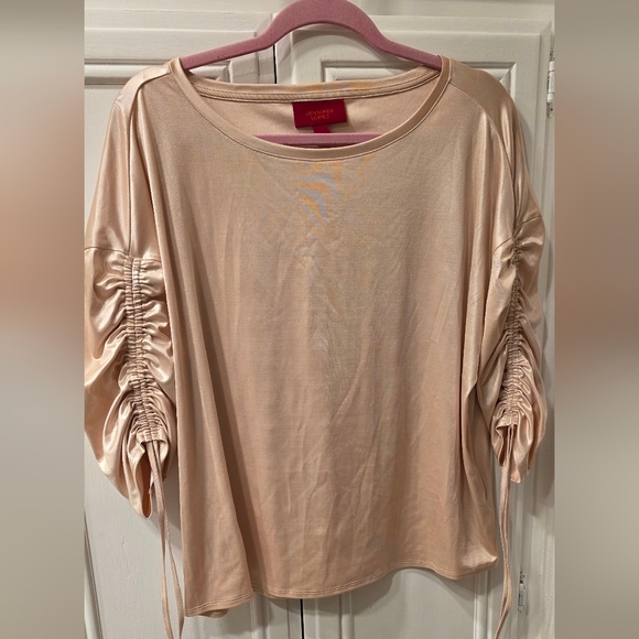 Jennifer Lopez Elegant Women's Champagne Pearl Ruched Sleeve Blouse ~ Size Large - Picture 5 of 9